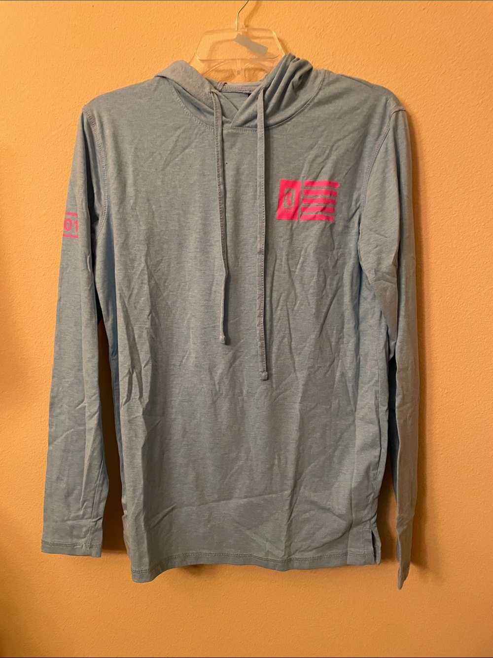 Light Blue Long-Sleeve Hooded Tee with Pink Logo for Kids